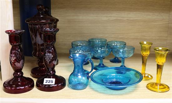 Ruby glass, Venetian, champagne glasses, candlesticks etc